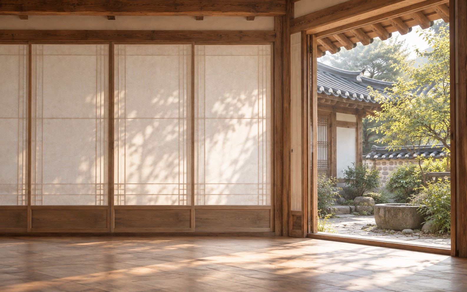 A quiet courtyard seen from a Korean hanok